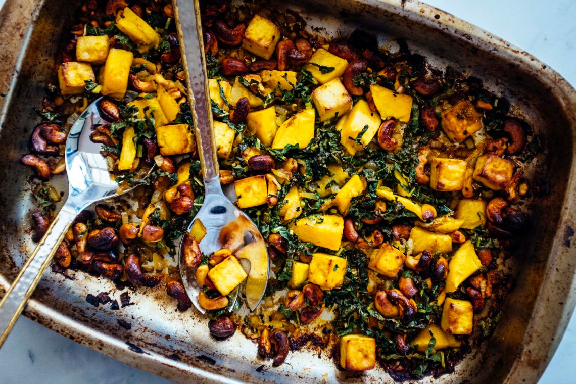Tofu mango cashew sheet pan